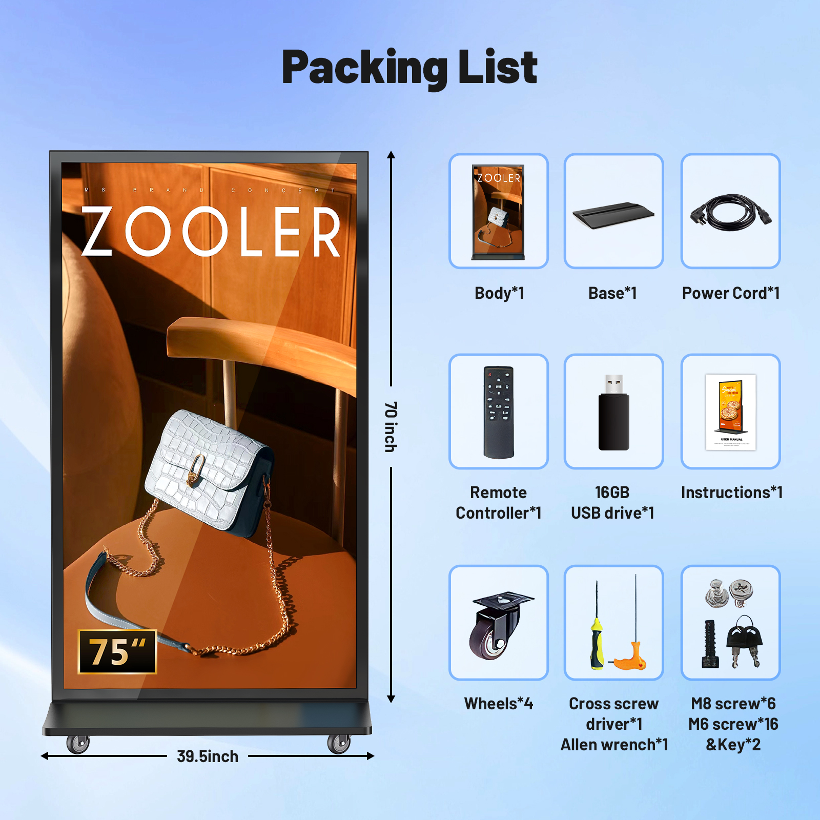 YIXZSWD 75inch Full Screen Digital Signage