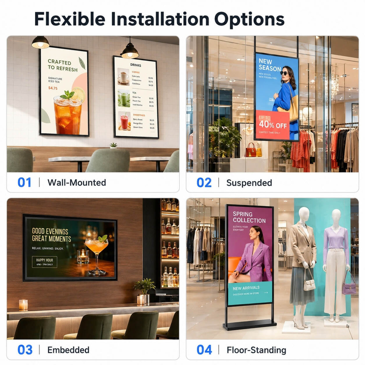 Four HARZHI digital signage installation options: wall-mounted, suspended, embedded, and floor-standing