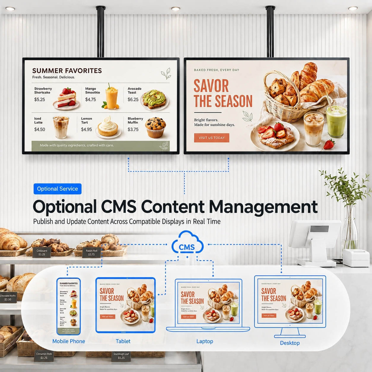Optional HARZHI CMS managing content across multiple digital signs from a phone, tablet, laptop, or desktop