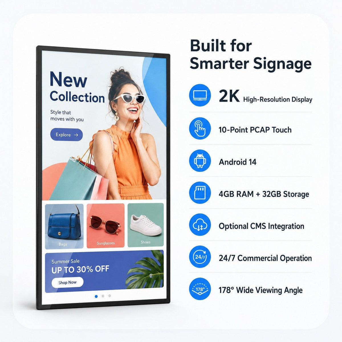 HARZHI Android 14 wall-mount touchscreen highlighting 2K display, 10-point touch, CMS, and 24/7 operation