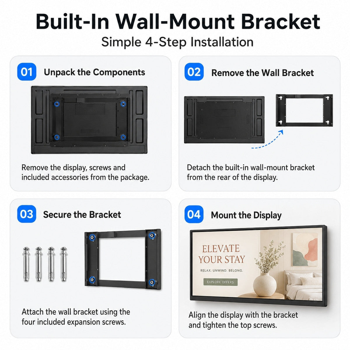 Four-step installation guide for the HARZHI built-in wall-mount bracket
