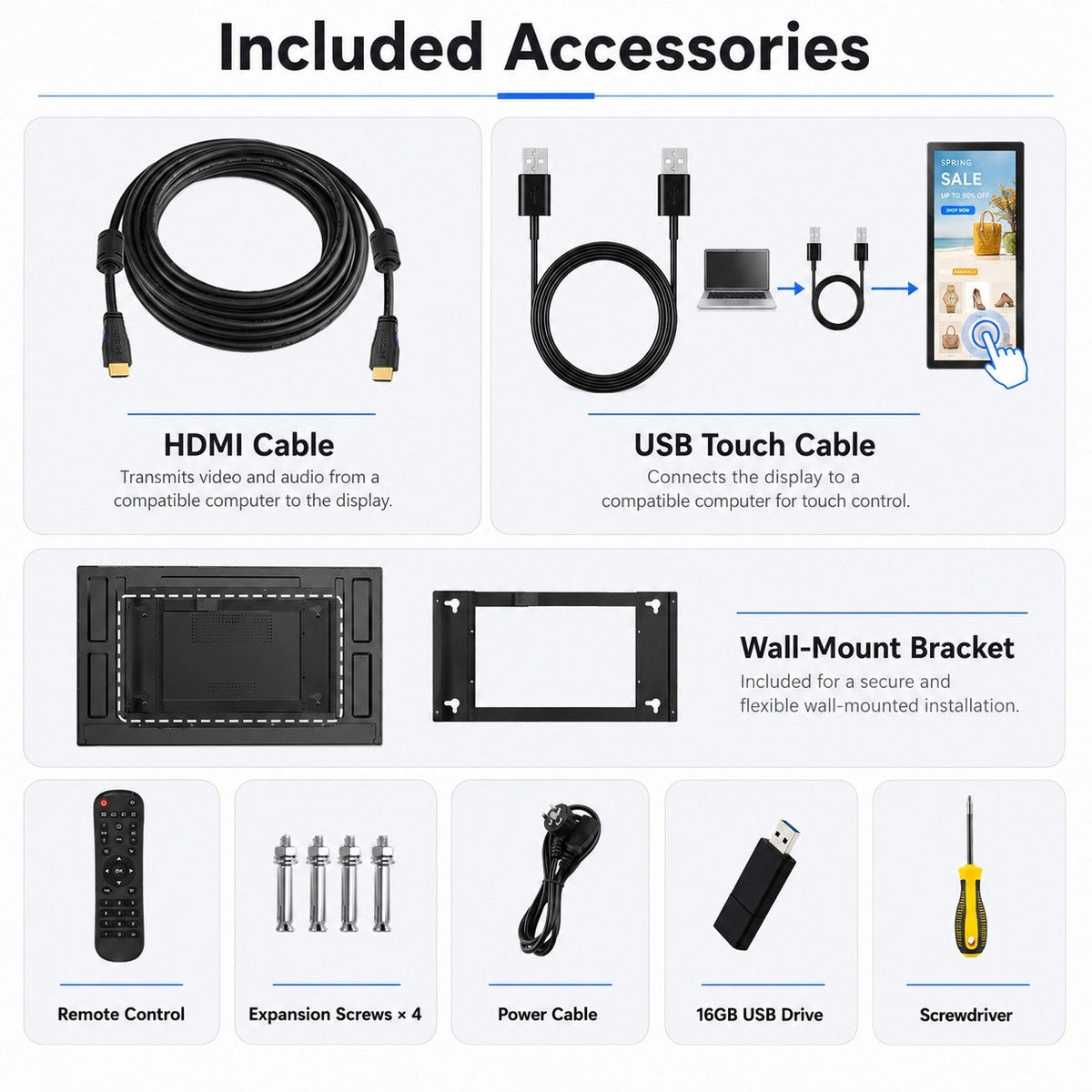 Included HARZHI display accessories: HDMI and USB touch cables, wall bracket, remote, power cable, screws, 16GB USB drive, and screwdriver