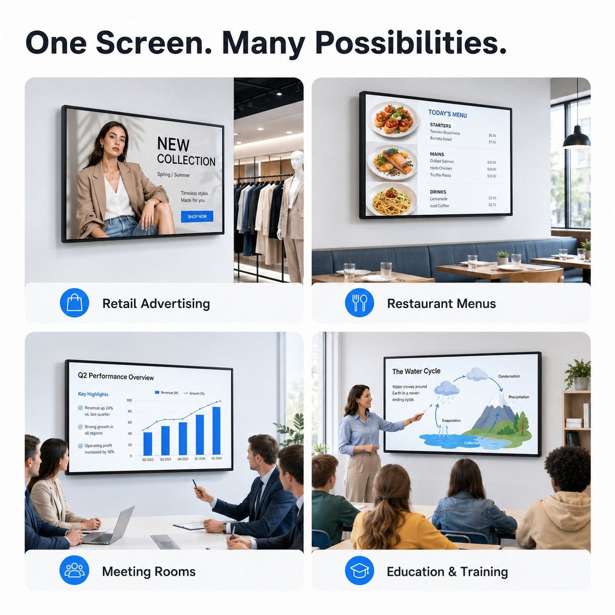 HARZHI wall-mount touchscreen displays used for retail advertising, restaurant menus, meeting rooms, and education