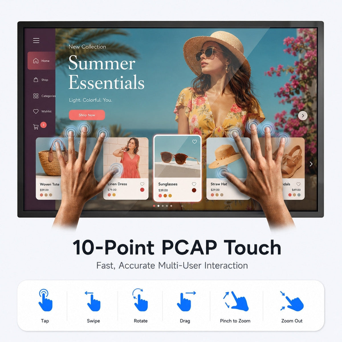 HARZHI wall-mounted touchscreen demonstrating 10-point capacitive touch gestures including tap, swipe, drag, rotate, and zoom