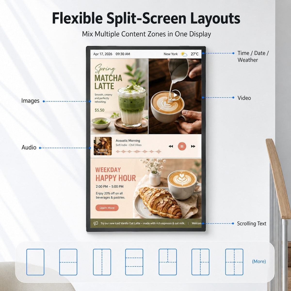 HARZHI digital signage split-screen layout showing images, video, audio, weather, time, and scrolling text
