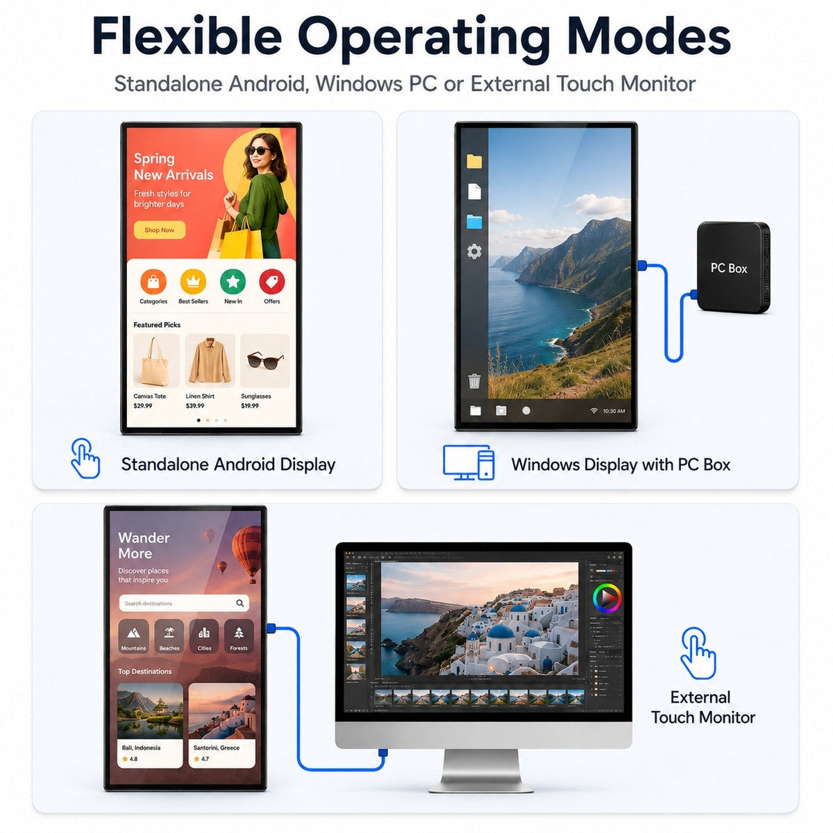 HARZHI display shown in standalone Android, Windows PC box, and external USB touch monitor operating modes